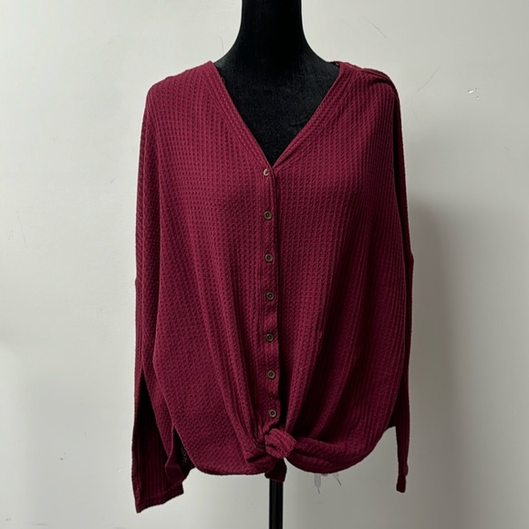 a.n.a. Waffle Knit Long Sleeve Button Front Tie Bottom Shirt Large oversized - Picture 1 of 8